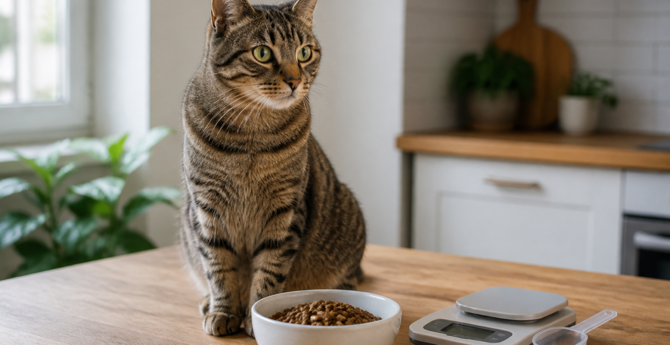 Chat tigré devant sa ration de croquettes, une balance et un doseur sur une table.
